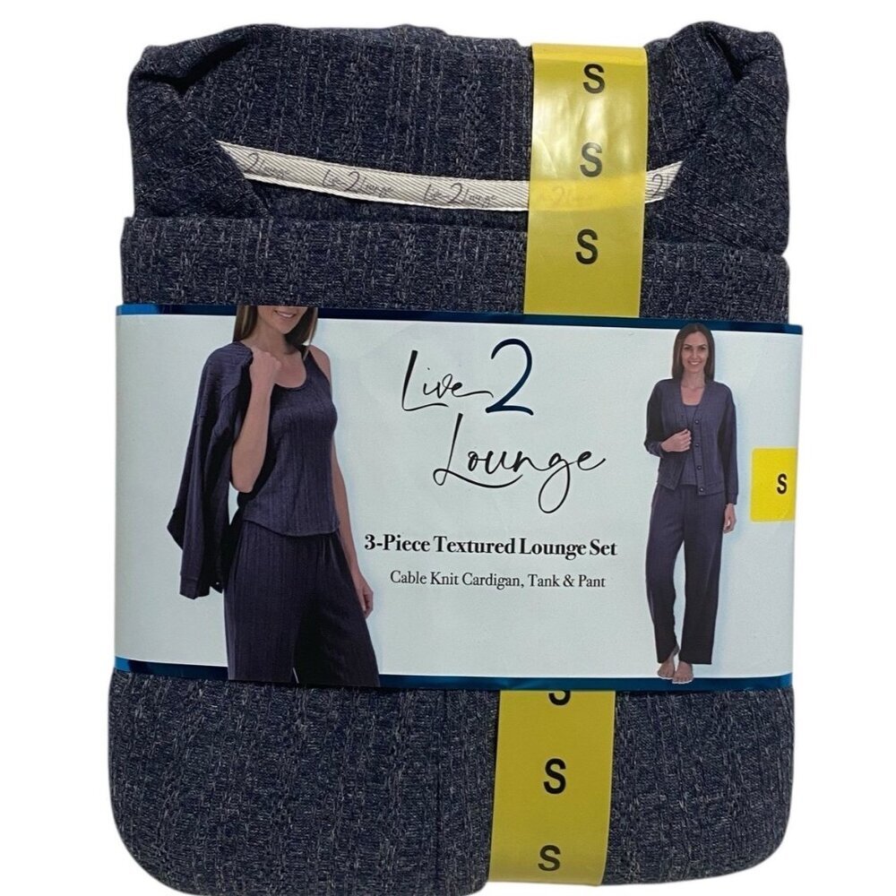 Live2Lounge Women’s 3 Piece Textured Lounge Set Cardigan Tank Pants S Blue NWT